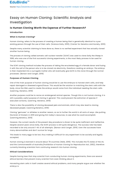 Essay on Human Cloning: Scientific Analysis and Investigation