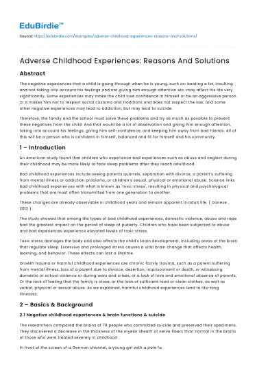 Adverse Childhood Experiences: Reasons And Solutions
