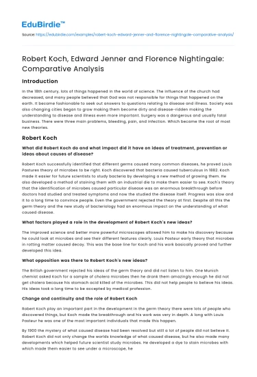 Robert Koch, Edward Jenner and Florence Nightingale: Comparative Analysis