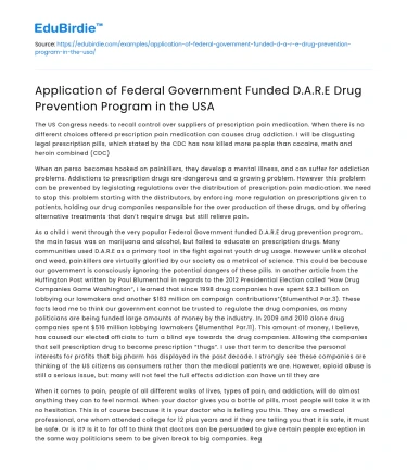 Federal DARE Drug Prevention Program in USA