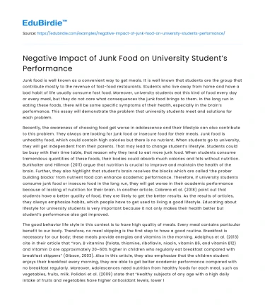 Negative Impact of Junk Food on University Student’s Performance