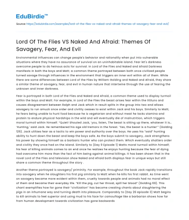 Lord Of The Flies VS Naked And Afraid: Themes Of Savagery, Fear, And Evil