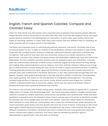English, French and Spanish Colonies: Compare and Contrast Essay