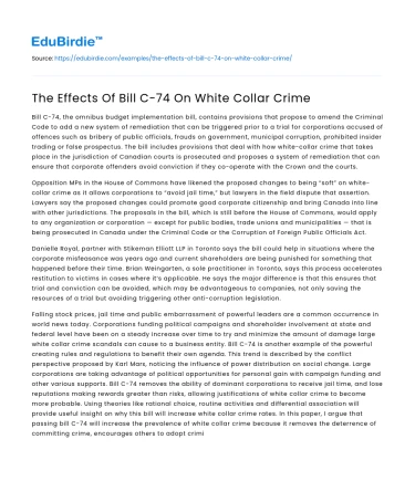 The Effects Of Bill C-74 On White Collar Crime