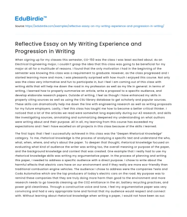 Reflective Essay on My Writing Experience and Progression in Writing