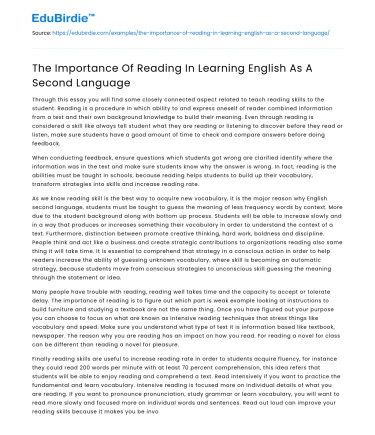 The Importance Of Reading In Learning English As A Second Language