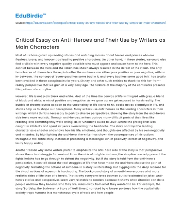 Anti-Heroes and Their Use by Writers as Main Characters