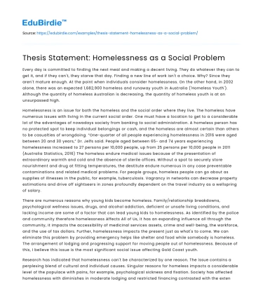 Thesis Statement: Homelessness as a Social Problem