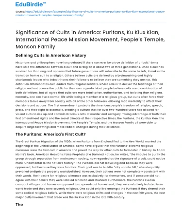 Importance of Cults in America: Puritans to Manson