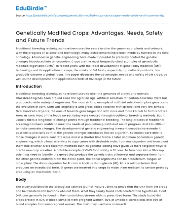 Genetically Modified Crops: Advantages, Needs, Safety and Future Trends