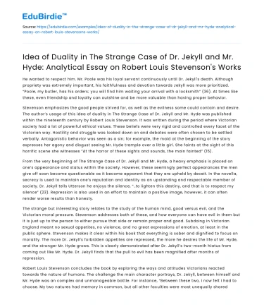 Duality in Dr Jekyll and Mr Hyde: Analyzing RL Stevenson’s Works