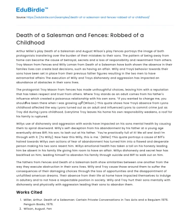 Death of a Salesman and Fences: Robbed of a Childhood