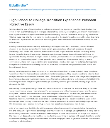 High School to College Transition Experience: Personal Narrative Essay