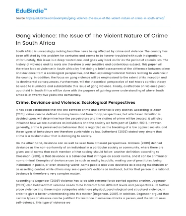 Gang Violence: The Issue Of The Violent Nature Of Crime In South Africa