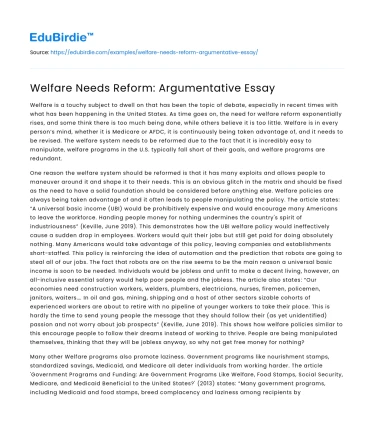 Welfare Needs Reform: Argumentative Essay