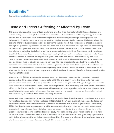 Taste and Factors Affecting or Affected by Taste