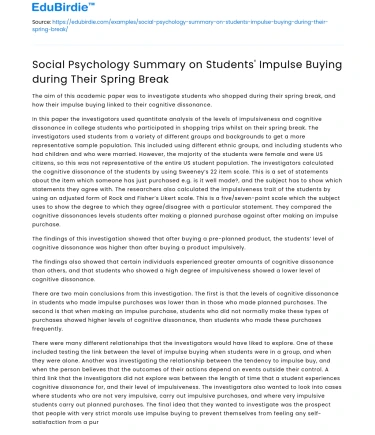 Social Psychology Summary on Students’ Impulse Buying during Spring Break