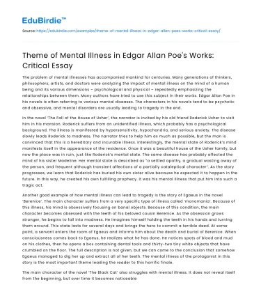 Theme of Mental Illness in Edgar Allan Poe’s Works: Critical Essay
