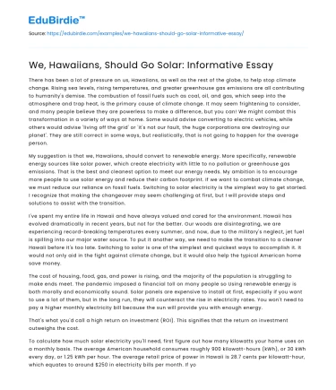 We, Hawaiians, Should Go Solar: Informative Essay