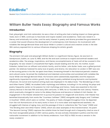 William Butler Yeats Essay: Biography and Famous Works