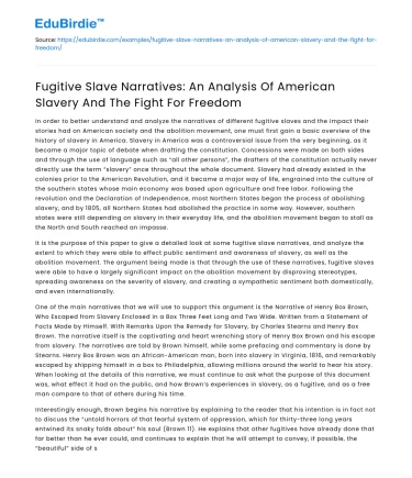 Analysis of Fugitive Slave Narratives: American Slavery & Freedom