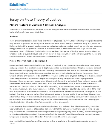 Essay on Plato Theory of Justice