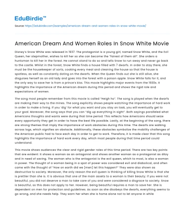 American Dream And Women Roles In Snow White Movie