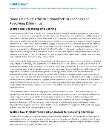 Code Of Ethics: Ethical Framework Or Process For Resolving Dilemmas