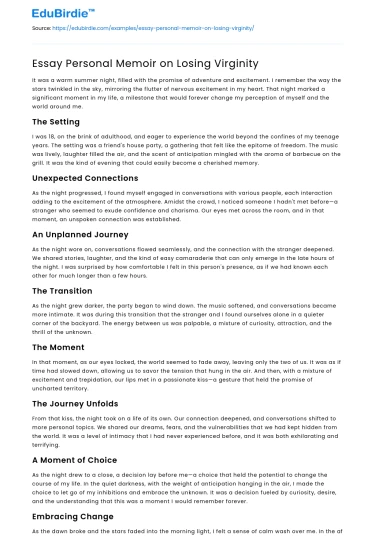 Essay Personal Memoir on Losing Virginity