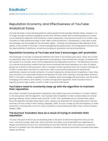 Reputation Economy and Effectiveness of YouTube: Analytical Essay