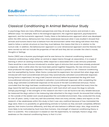 Classical Conditioning In Animal Behaviour Study