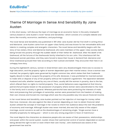 Theme Of Marriage In Sense And Sensibility By Jane Austen
