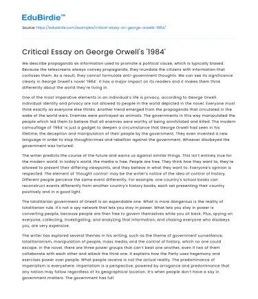 Critical Essay on George Orwell’s ‘1984’