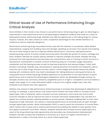 Ethical Issues of Use of Performance Enhancing Drugs: Critical Analysis