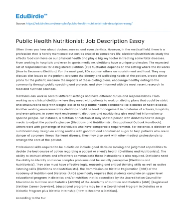 Public Health Nutritionist: Job Description Essay