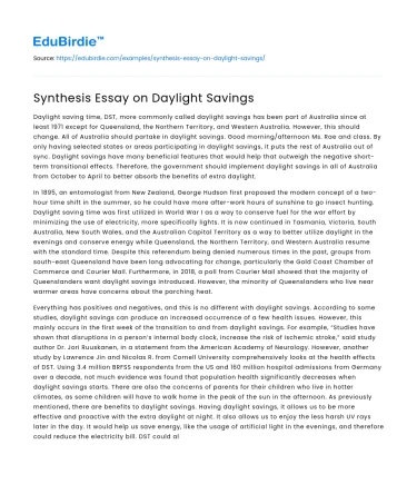 Synthesis Essay on Daylight Savings