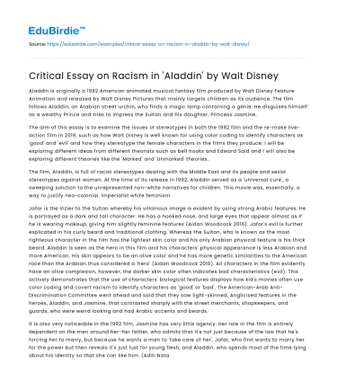 Critical Essay on Racism in ‘Aladdin’ by Walt Disney
