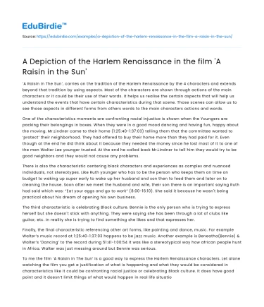 A Depiction of the Harlem Renaissance in the film ‘A Raisin in the Sun’