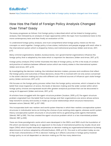How Has the Field of Foreign Policy Analysis Changed Over Time? Essay