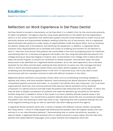 Reflection on Work Experience in Del Paso Dental