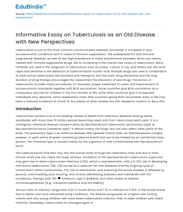 Tuberculosis as an Old Disease with New Perspectives
