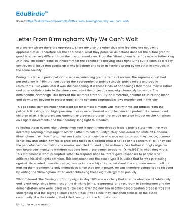 Letter From Birmingham: Why We Can’t Wait
