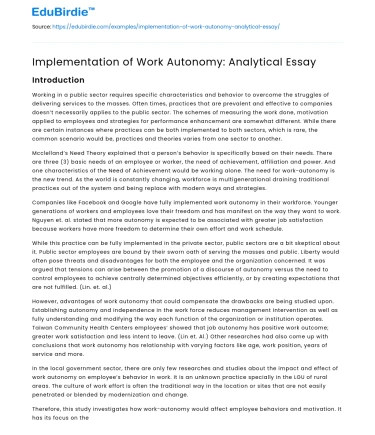 Implementation of Work Autonomy: Analytical Essay