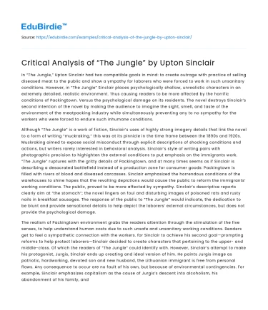 Critical Analysis of “The Jungle” by Upton Sinclair