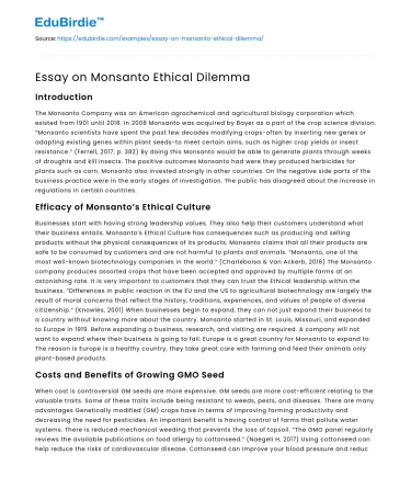 Essay on Monsanto Ethical Dilemma