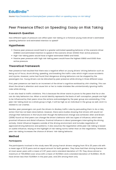 Peer Presence Effect on Speeding: Essay on Risk Taking