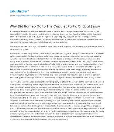 Why Did Romeo Go to The Capulet Party: Critical Essay