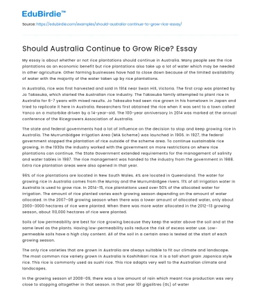 Should Australia Continue to Grow Rice? Essay