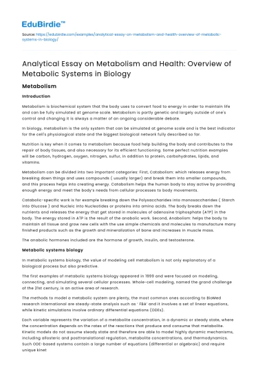 Metabolism and Health: Overview of Biological Systems
