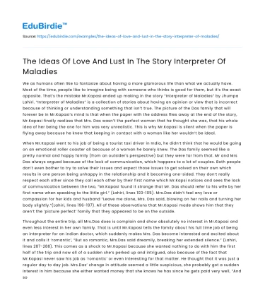 The Ideas Of Love And Lust In The Story Interpreter Of Maladies